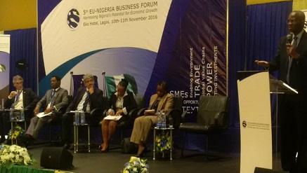 (L-r): Juan Casla, head, Economic Cooperation and Energy Section, EU Delegation; Obinna Ihedioha of Nigeria Sovereign Investment Agency; Hugo Pierrel, deputy country director, Agency Francaise De Development (AFD); Ms. Victoria Oso Adefala, managing partner, Whitgift Law; Ms. Eme Essien Lore, country manager, International Finance Corporation (IFC) and Babatunde Fashola, minister of Power, Works and Housing, during latter’s keynote presentation at 5th EU-Nigeria Business Forum held in Lagos on Thursday